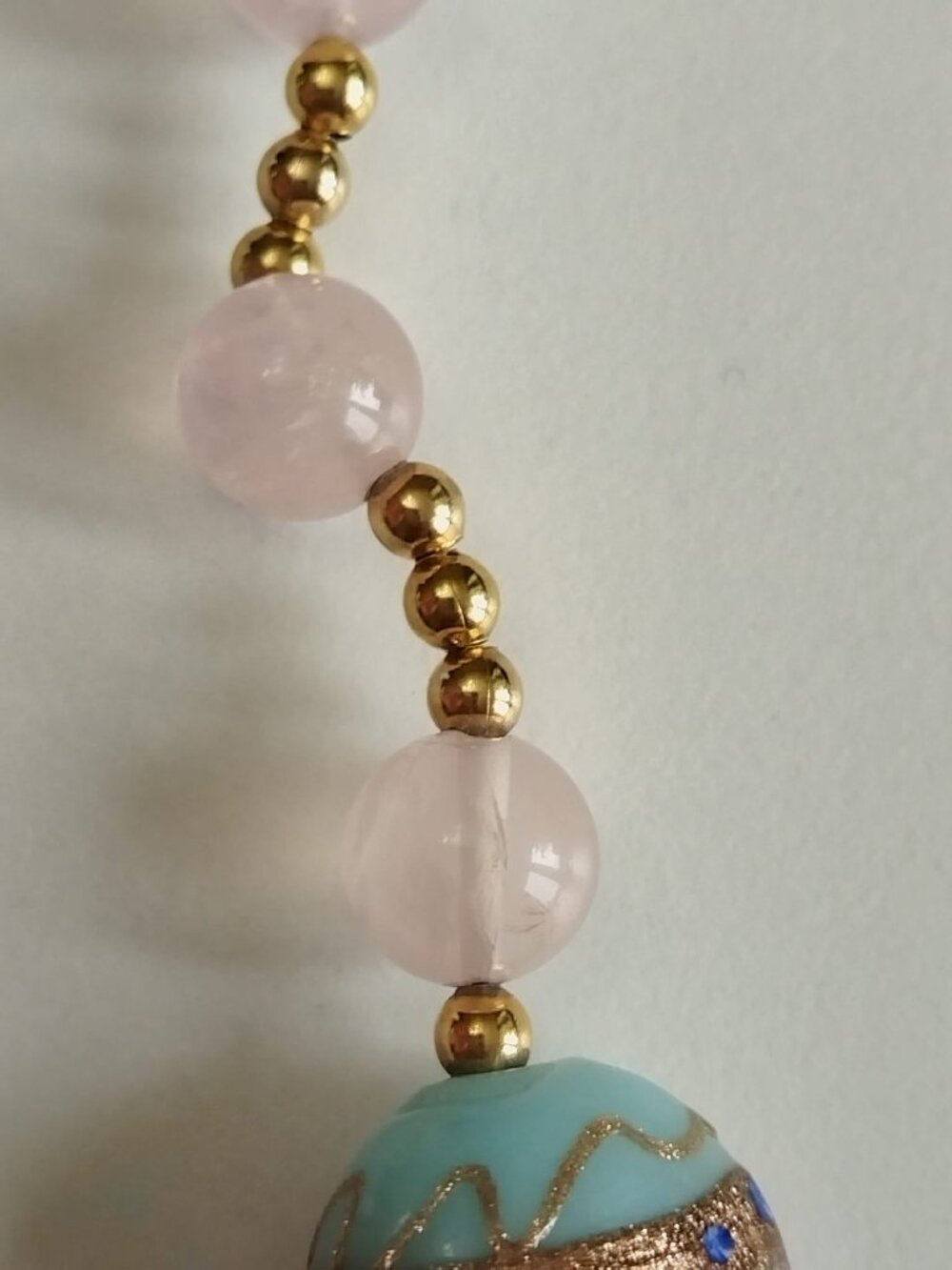 Vintage Murano Venetian Aqua Glass Gold Foil Bead Necklace Rose Quartz Beads - Picture 10 of 15
